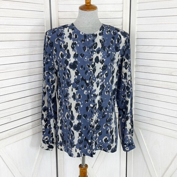 Tess Silk Abstract Animal Print Blouse Blue Grey Size 4 Button Front - Picture 1 of 10